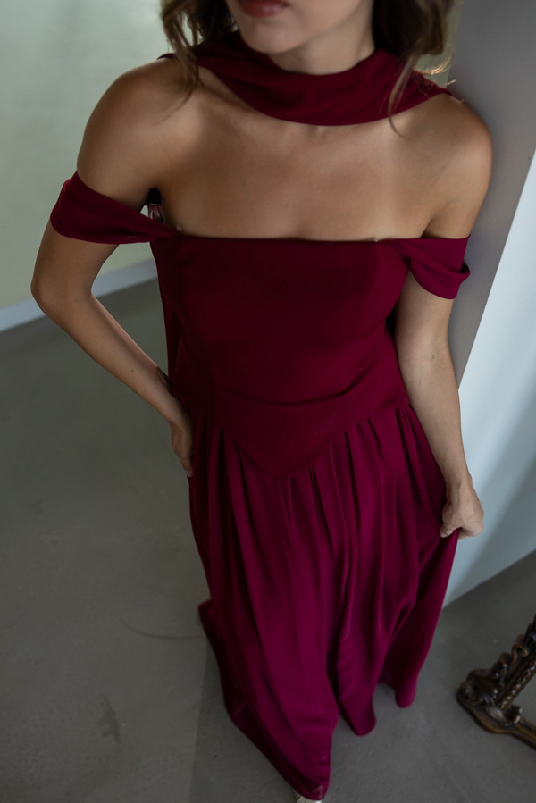 Şal Detaylı Eteği Şifon Abiye - BORDO