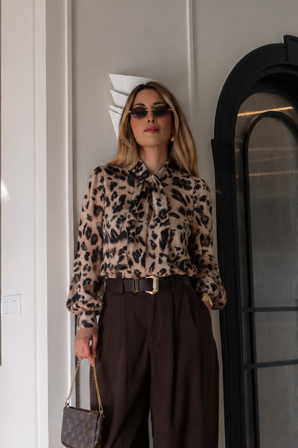 Şal Yaka Leopar Desen Bluz - VİZON