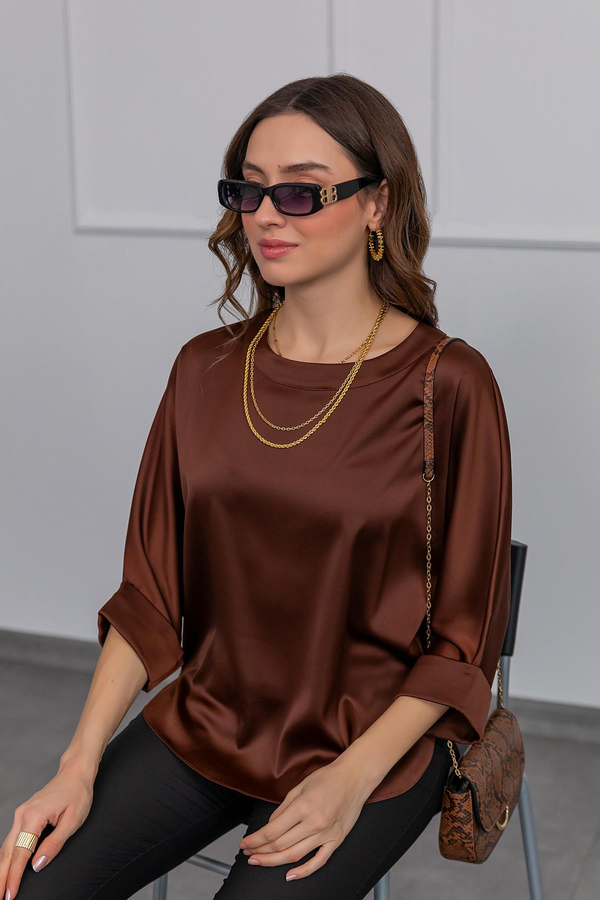Saten Basic Bluz - KAHVERENGİ