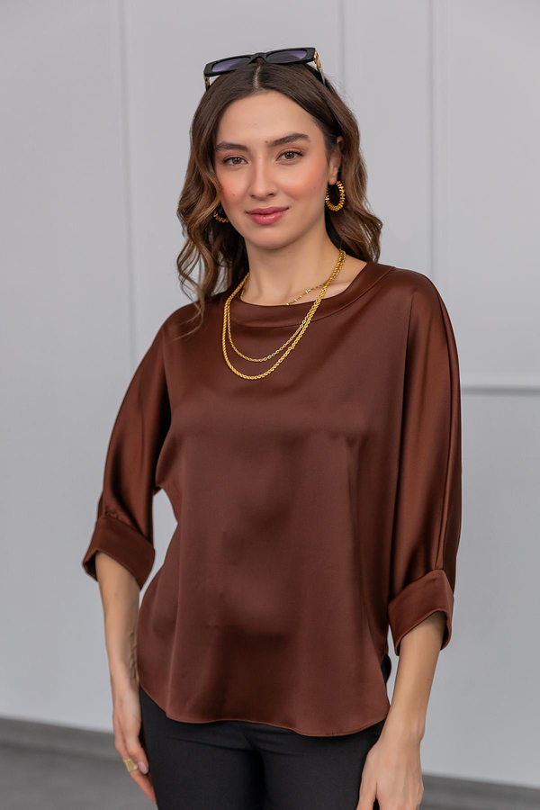 Saten Basic Bluz - KAHVERENGİ