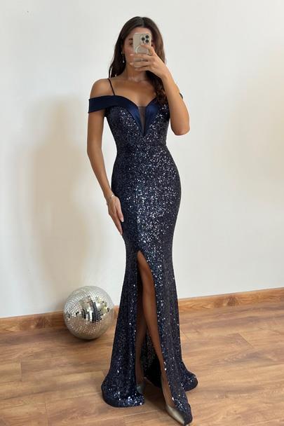 Saten Detay Pullu Abiye - LACİVERT