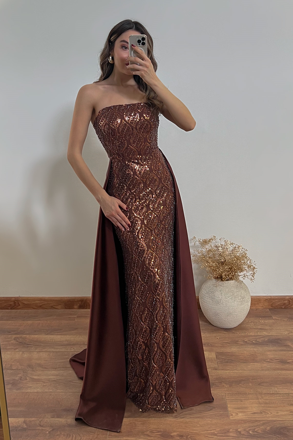 Saten Kuyruklu Taşlı Abiye - BRONZ