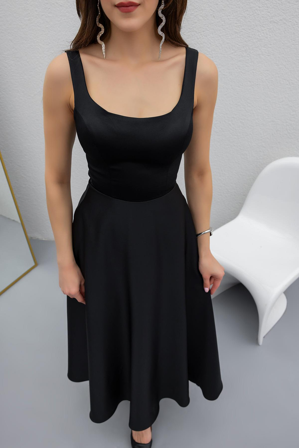 Satin Midi Gown - BLACK