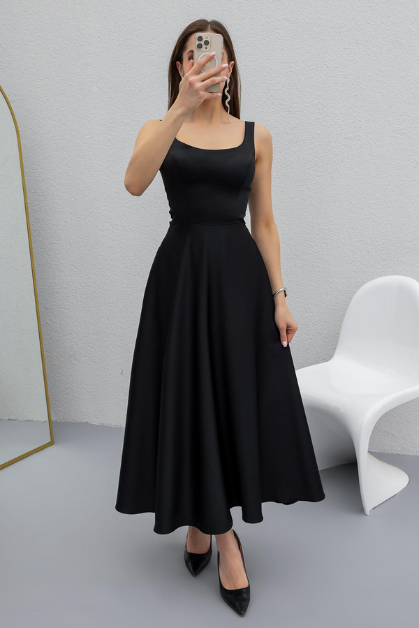 Satin Midi Gown - BLACK