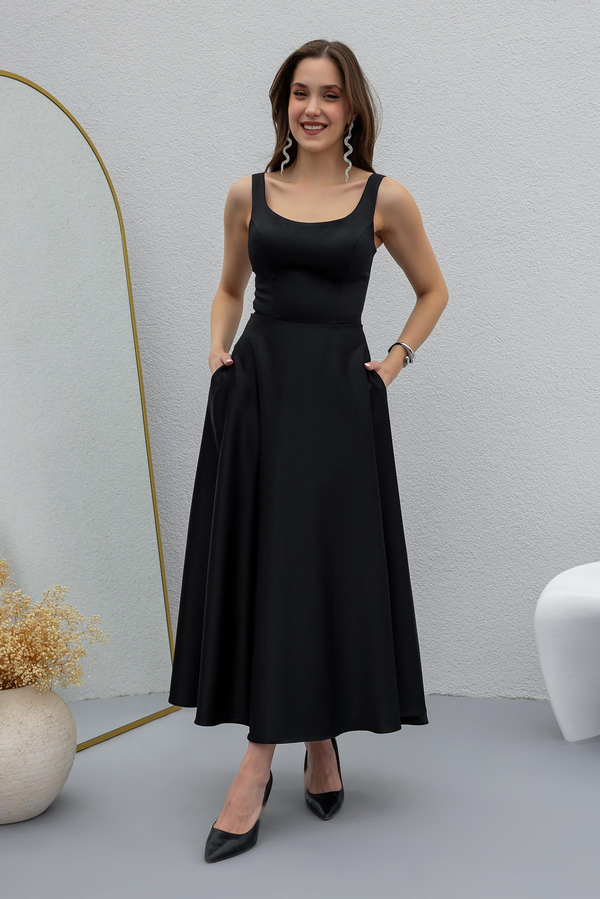 Satin Midi Gown - BLACK
