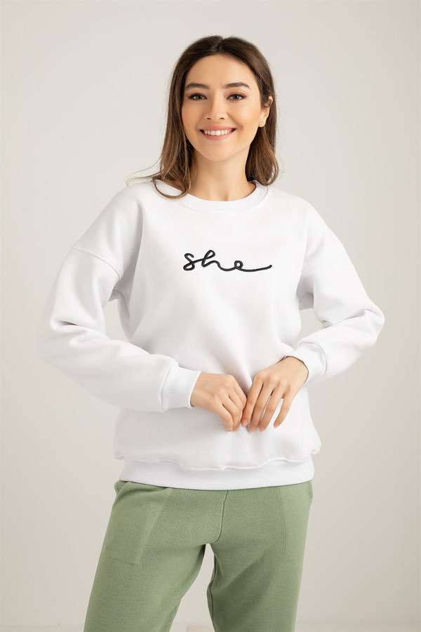She Nakışlı Sweat - BEYAZ