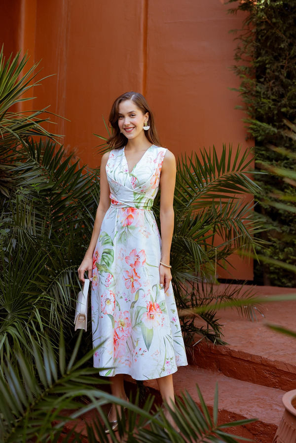 Sıfır Kol Desenli Elbise - KREM