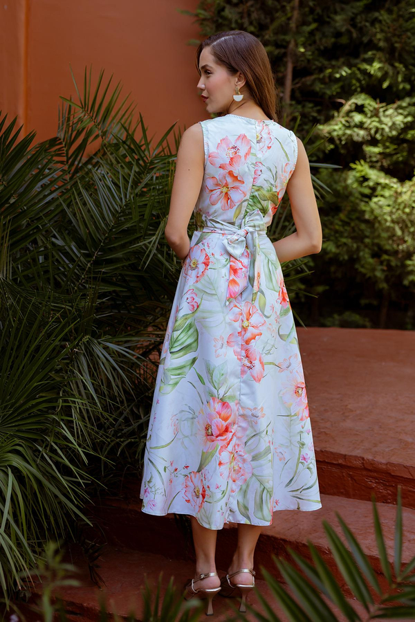 Sıfır Kol Desenli Elbise - KREM