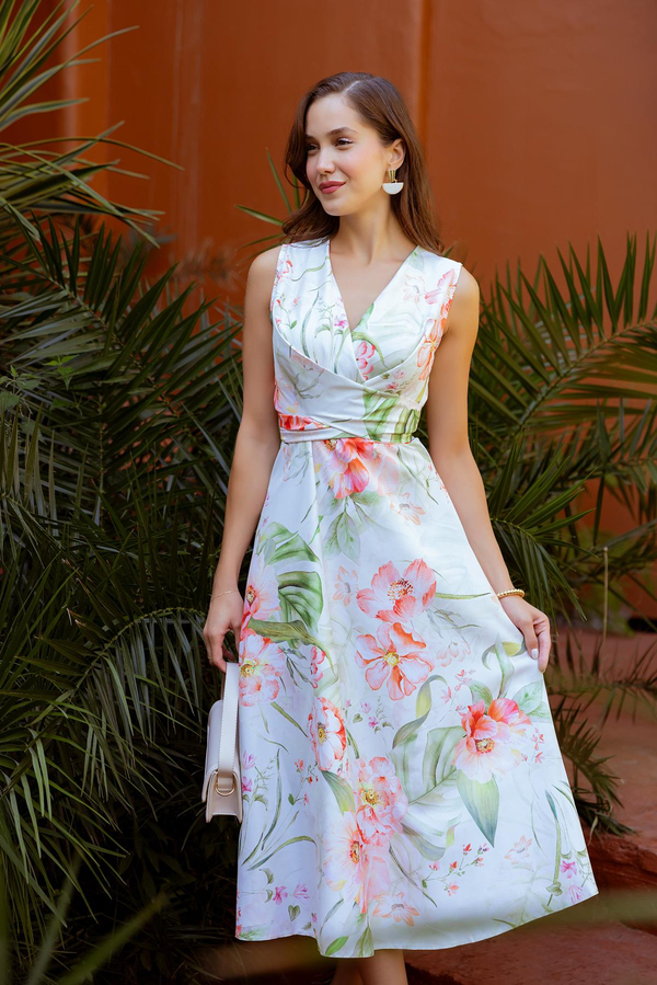 Sıfır Kol Desenli Elbise - KREM