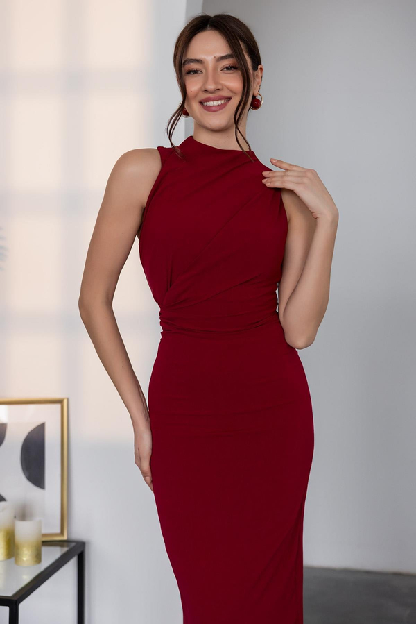 Sıfır Kol Yırtmaçlı Elbise - BORDO