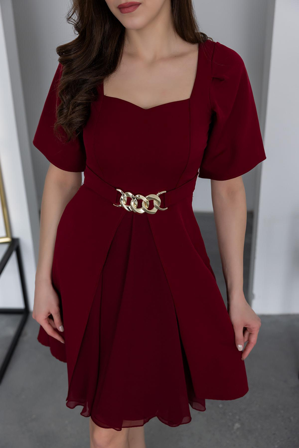 Şifon Detaylı Mini Elbise - BORDO