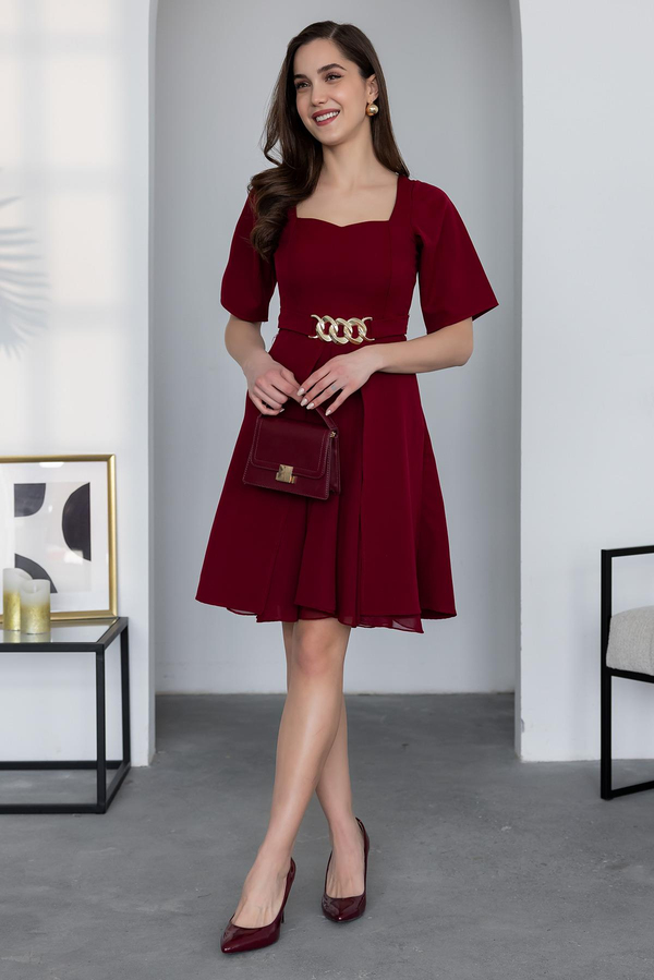 Şifon Detaylı Mini Elbise - BORDO