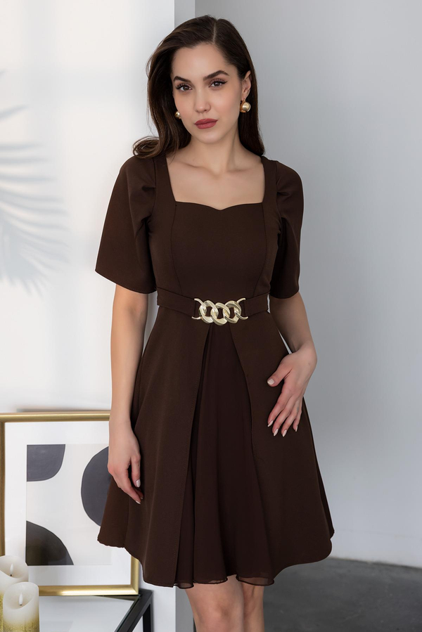 Şifon Detaylı Mini Elbise - KAHVERENGİ