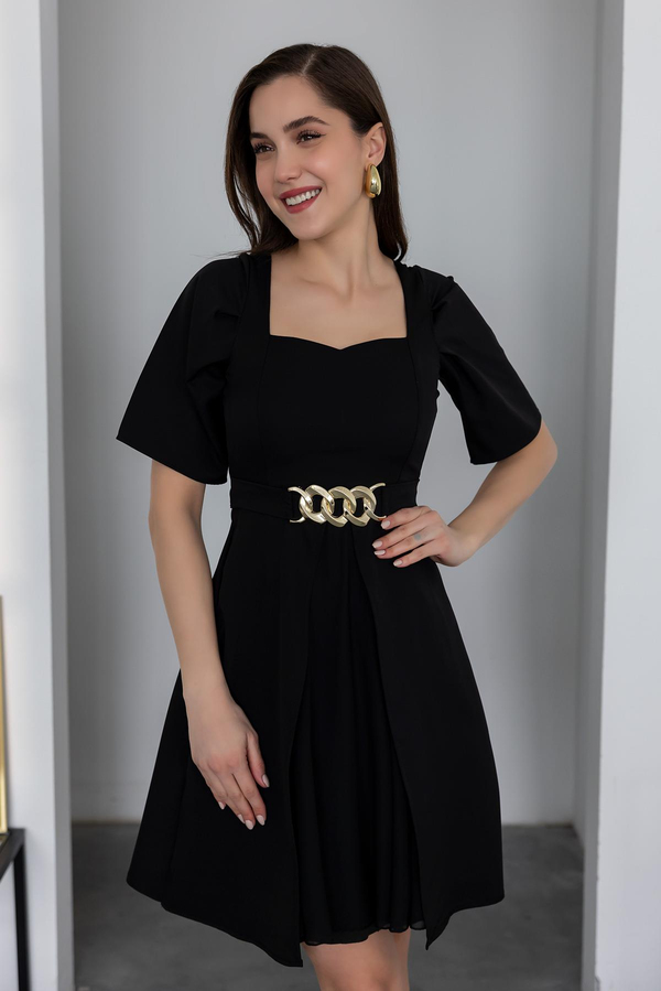 Şifon Detaylı Mini Elbise - SİYAH