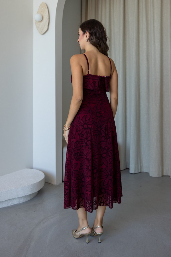 Simli Çiçek Desen Askılı Elbise - BORDO