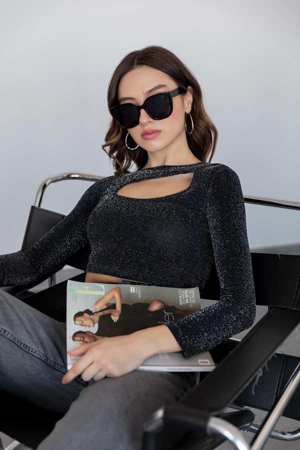 Simli Crop Bluz - SİYAH