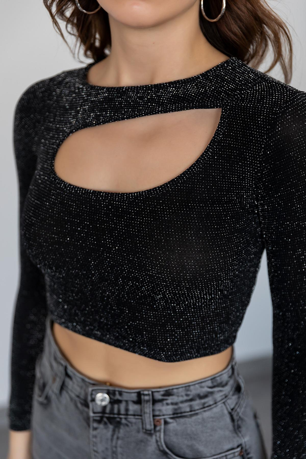 Simli Crop Bluz - SİYAH