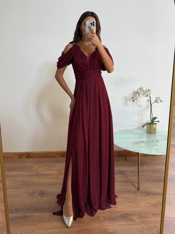 Simli Drapeli Kloş Abiye - BORDO