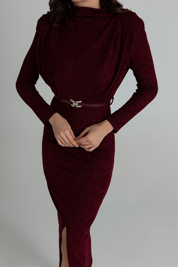 Simli Uzun Gece Elbisesi - BORDO