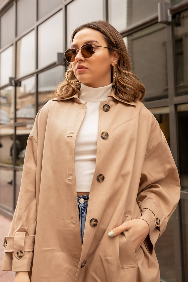 Sırt Baskı Oversize Trençkot - BEJ