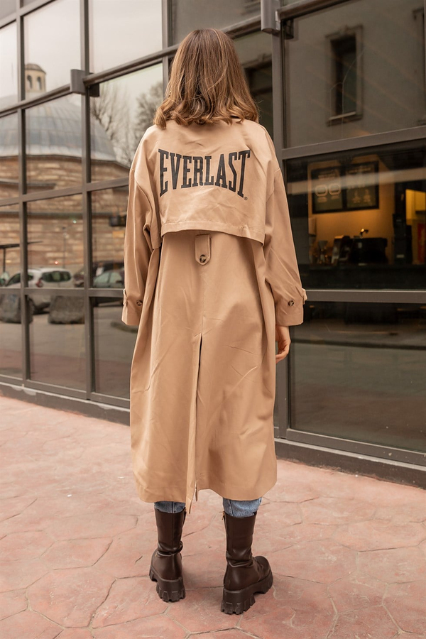 Sırt Baskı Oversize Trençkot - BEJ