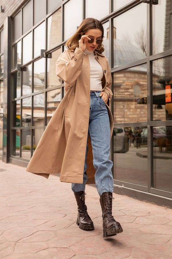 Sırt Baskı Oversize Trençkot - BEJ
