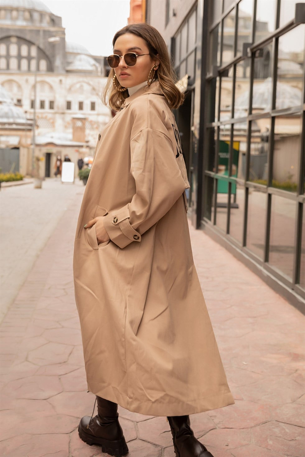 Sırt Baskı Oversize Trençkot - BEJ
