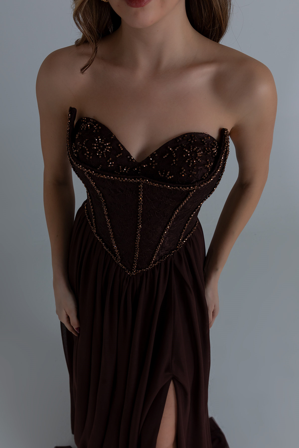 Straplez İşlemeli Kloş abiye - KAHVERENGİ