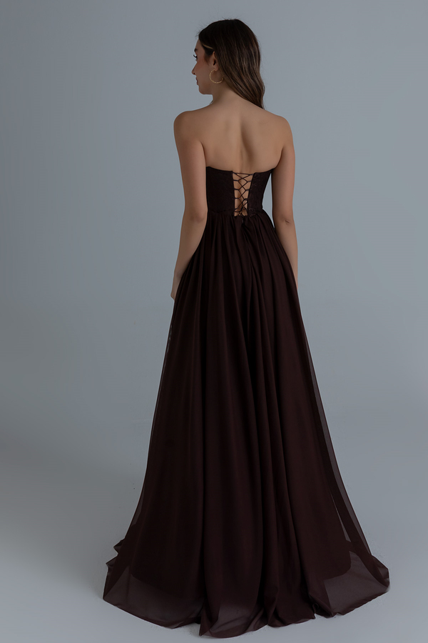 Straplez İşlemeli Kloş abiye - KAHVERENGİ