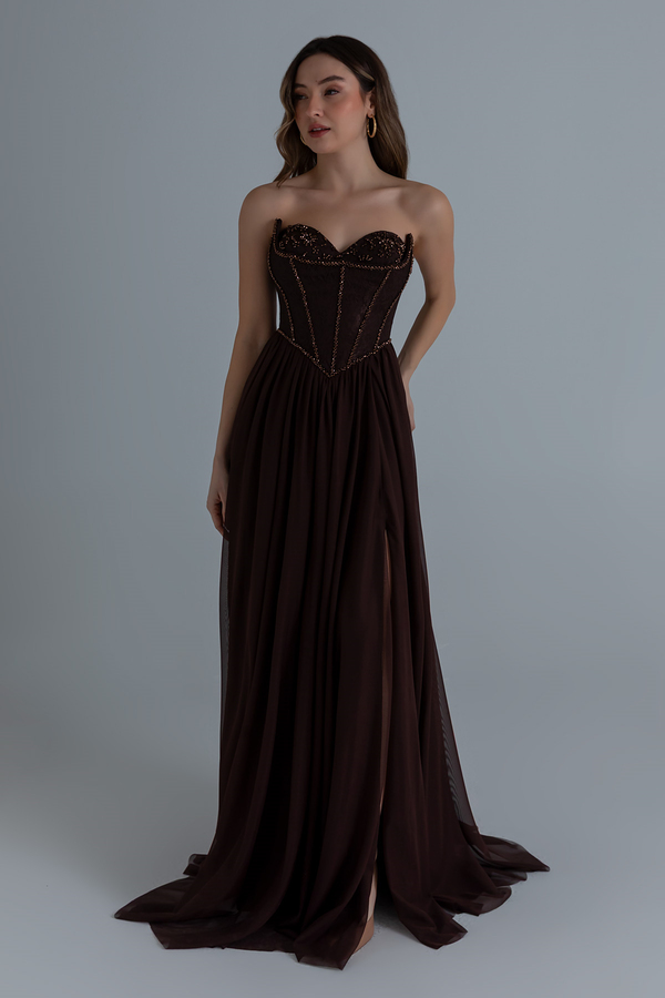 Straplez İşlemeli Kloş abiye - KAHVERENGİ