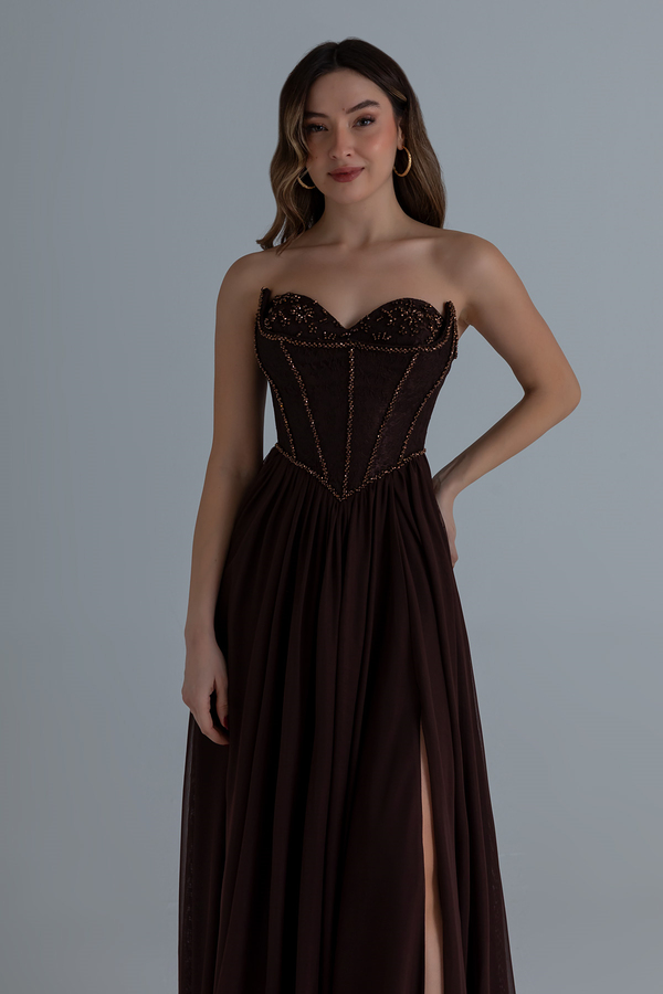 Straplez İşlemeli Kloş abiye - KAHVERENGİ