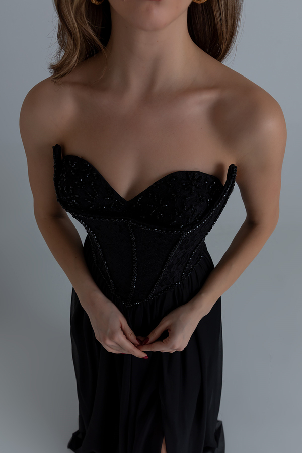 Straplez İşlemeli Kloş abiye - SİYAH