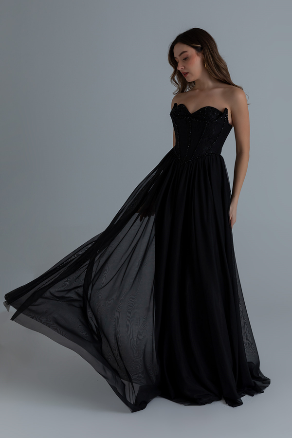 Straplez İşlemeli Kloş abiye - SİYAH