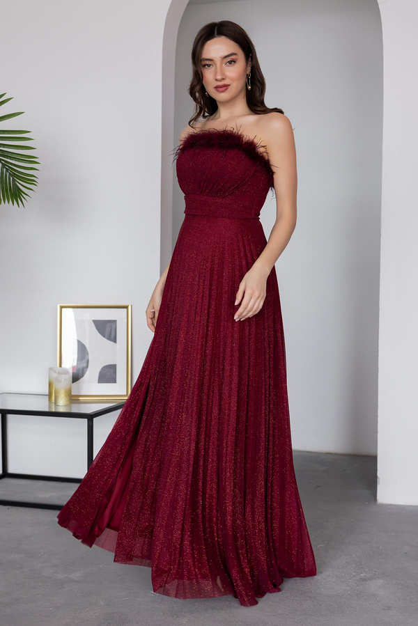 Straplez Piliseli Abiye - BORDO