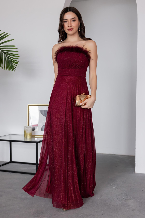 Straplez Piliseli Abiye - BORDO