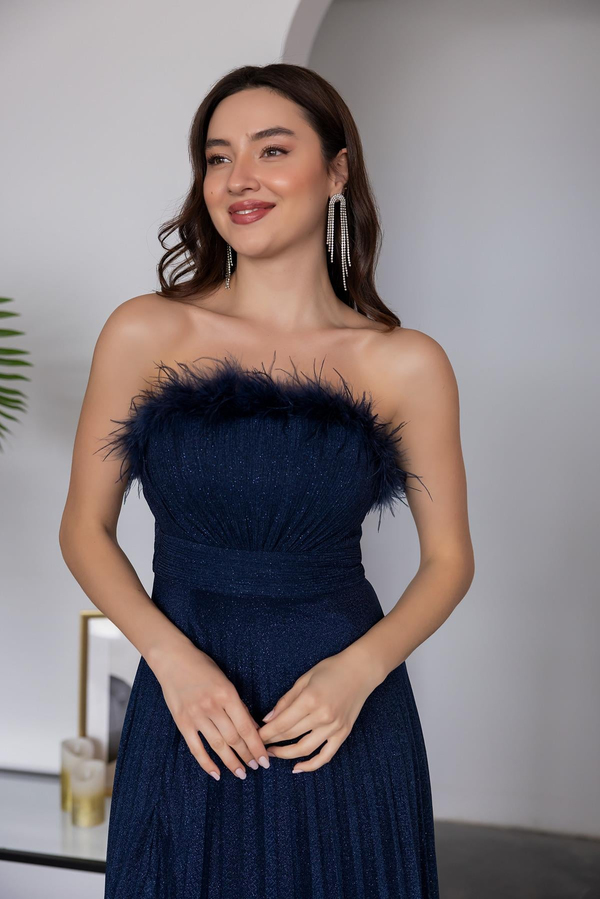 Straplez Piliseli Abiye - LACİVERT