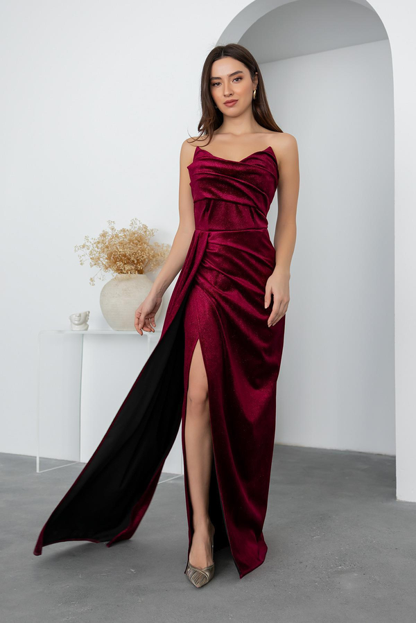 Straplez Simli Abiye - BORDO