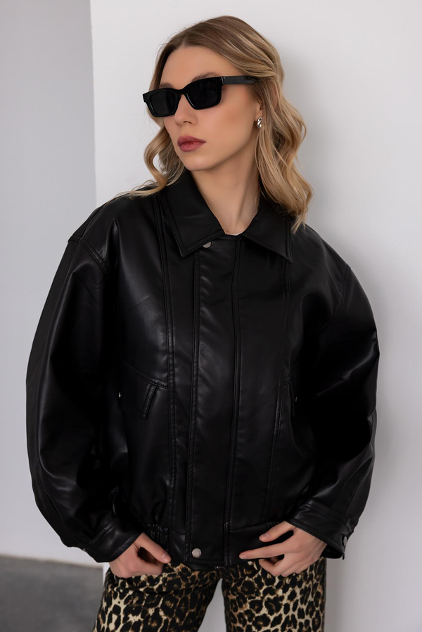 Suni Deri Bomber Ceket - SİYAH