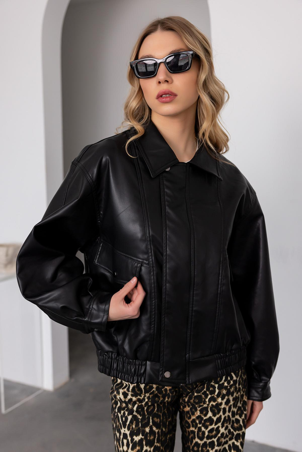 Suni Deri Bomber Ceket - SİYAH