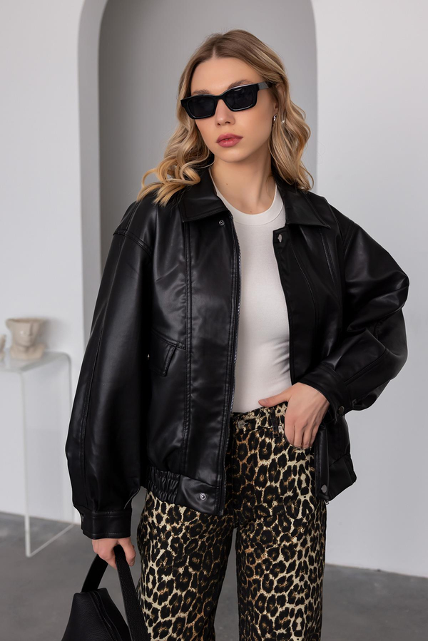 Suni Deri Bomber Ceket - SİYAH