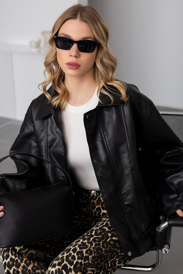 Suni Deri Bomber Ceket - SİYAH