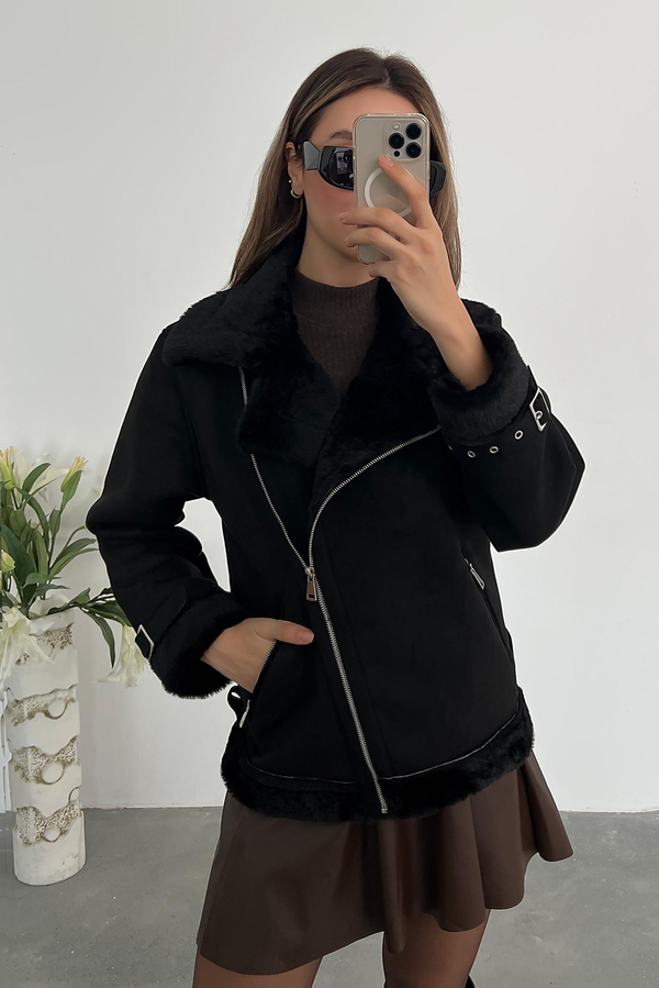 Suni Kürklü Süet Mont - SİYAH
