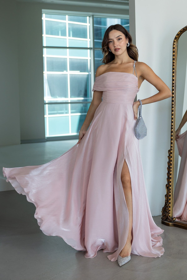 Taş Askılı Asimetrik Yaka Abiye - PEMBE
