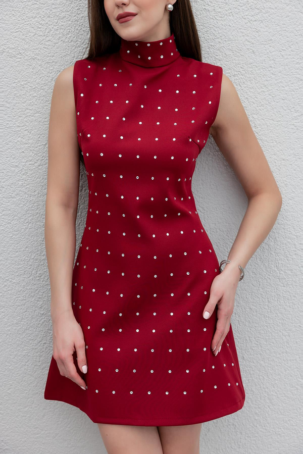 Taş Baskılı Mini Elbise - BORDO