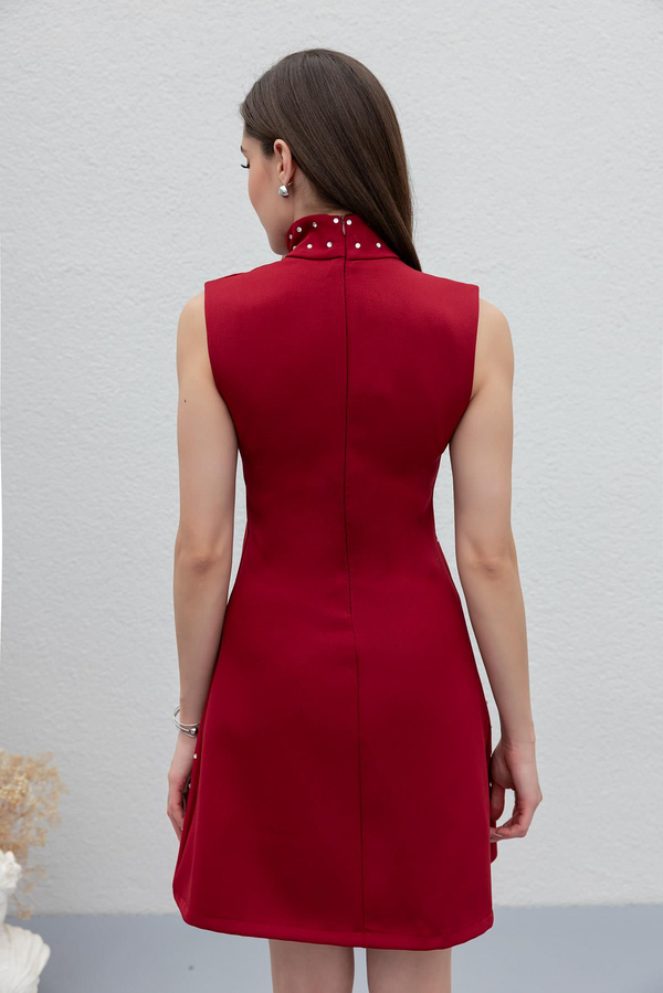 Taş Baskılı Mini Elbise - BORDO