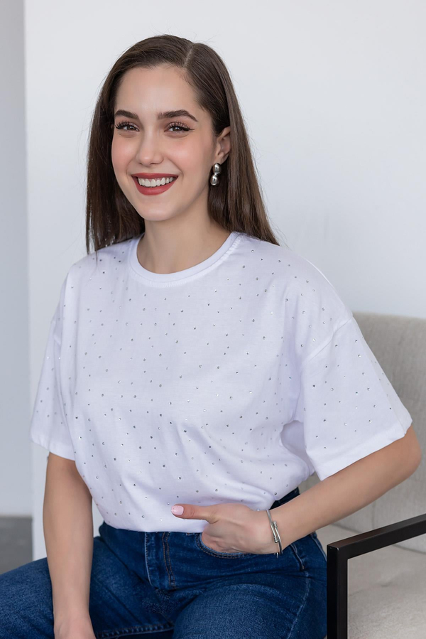 Taş Baskılı T-Shirt - BEYAZ