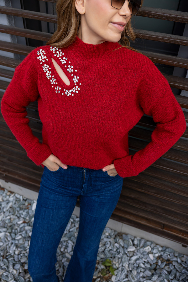 Taş Detay Premium Kazak - KIRMIZI