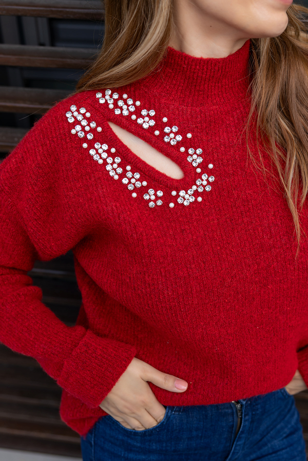 Taş Detay Premium Kazak - KIRMIZI