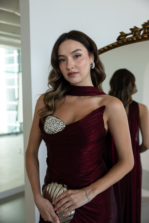 Taş Detaylı Tasarım Abiye - BORDO