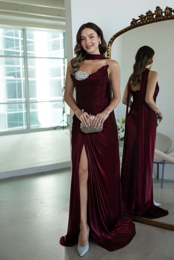 Taş Detaylı Tasarım Abiye - BORDO